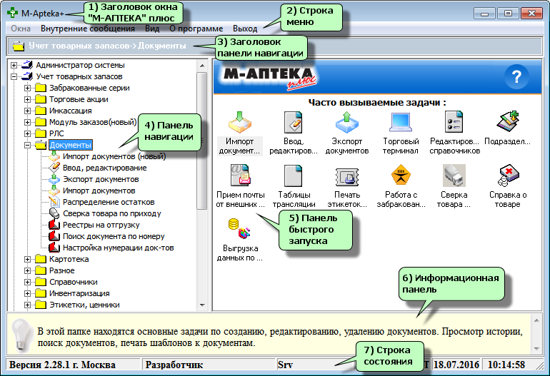 Структура главного окна "М-АПТЕКА плюс"