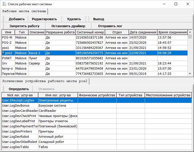 Список рабочих мест системы