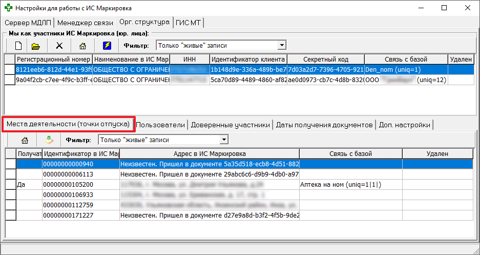 Вкладка Места деятельности