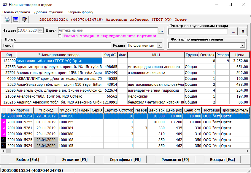 Таблица товаров