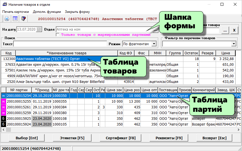 Наличие товаров в отделе