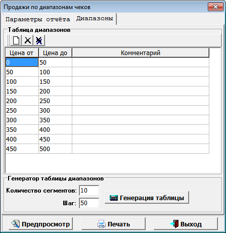 Вкладка Диапазоны