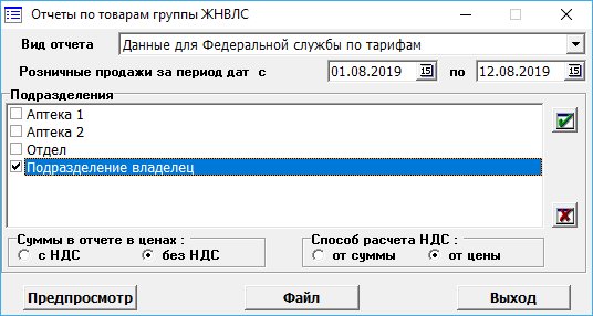 Отчёты по товарам группы ЖНВЛС