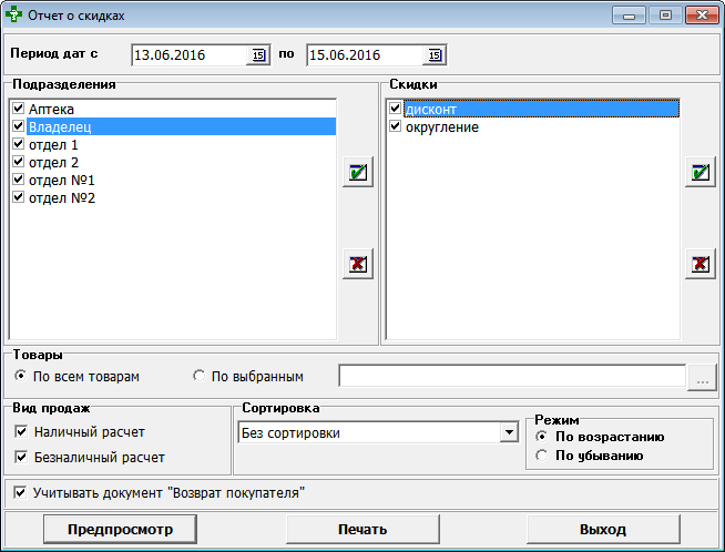 Отчёт по типам скидок