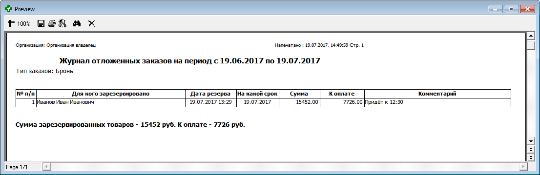 Отложенне товары - отчёт