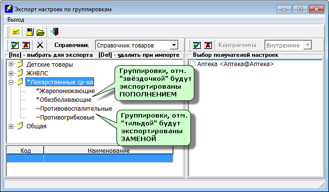 Экспорт настроек по группировкам